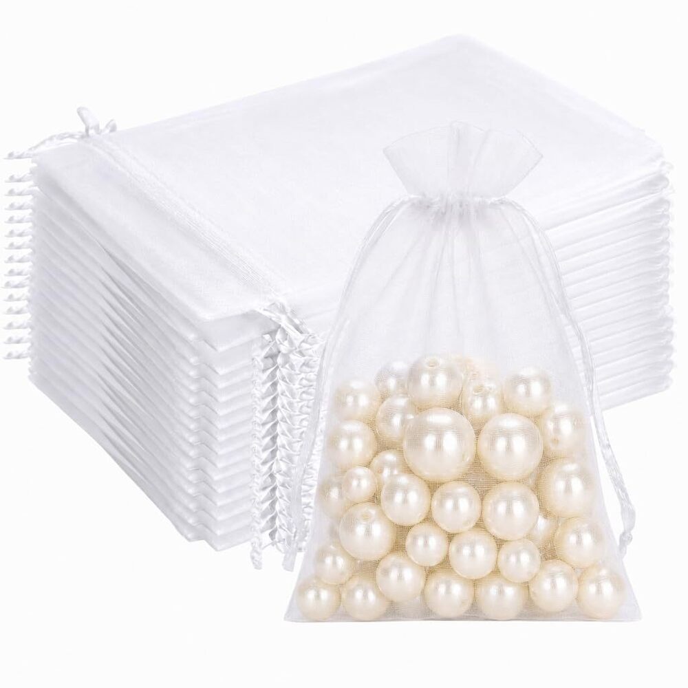 100PCS White Organza Bags, 4x6 in Sheer Mesh Drawstring Gift Bags
